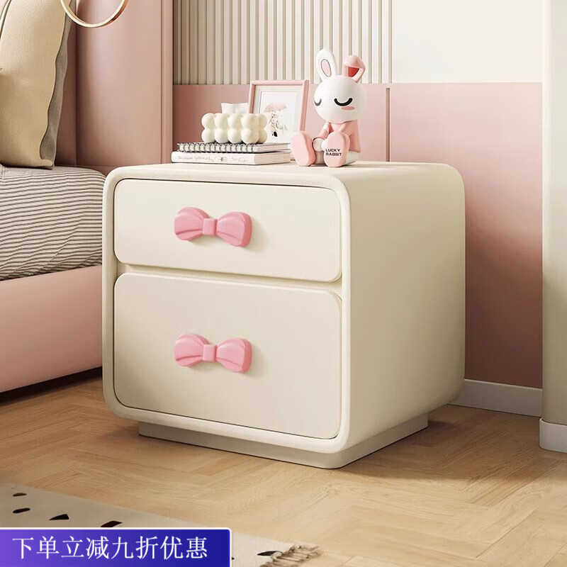 倘然之家奶油风凯蒂猫床头柜家用创意柜卧室新款法式床边柜可爱女孩儿童房 【双蝴蝶结拉手】米白色（环保框架） 长40*宽40*高50（厘米）