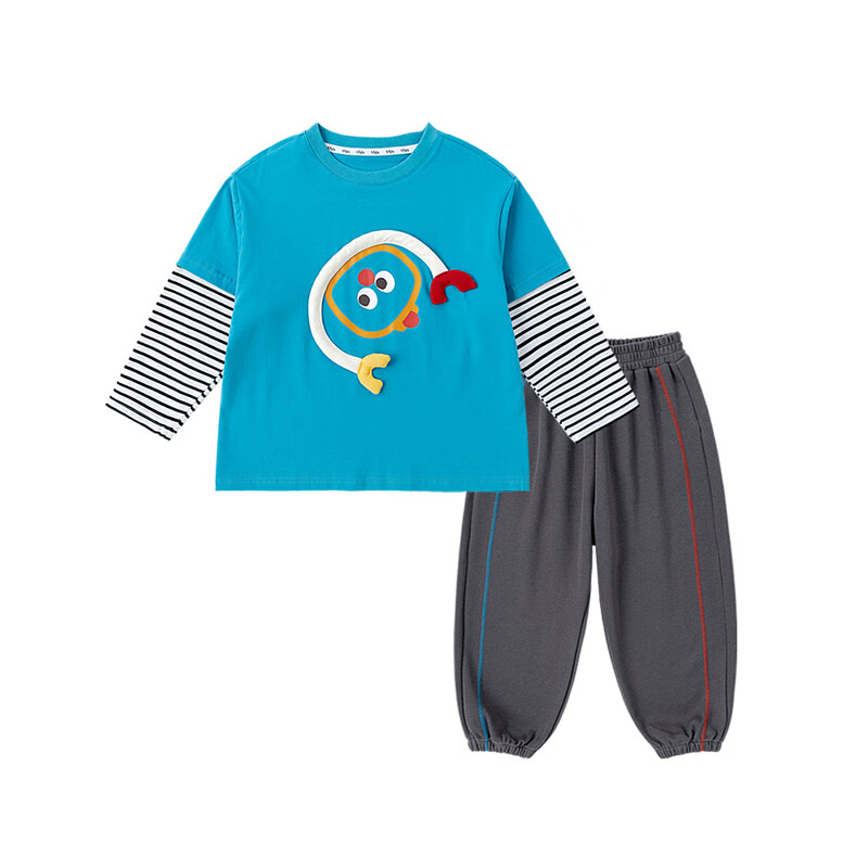 嘟嘟家男童春季卡通套装儿童透气假两件长袖T恤女童休闲针织裤子童装潮 比斯开蓝 100