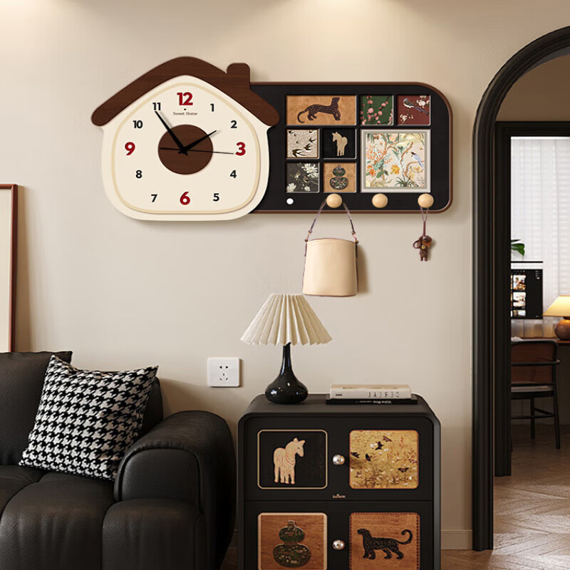 立始2025新款洞洞板收纳门后挂钩静音挂钟装饰画感衣帽架挂表时钟 复古格调 小号 【洞洞板置物架+钟表】