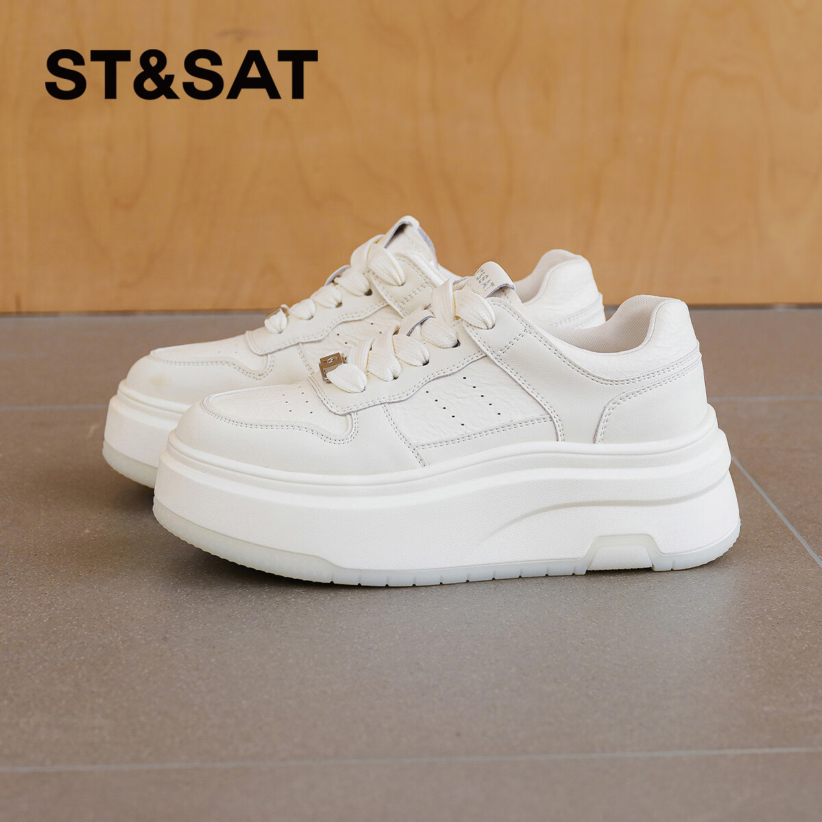 星期六2025秋季新款厚底板鞋女款增高松糕鞋子百搭休闲运动小白鞋 米白色 35