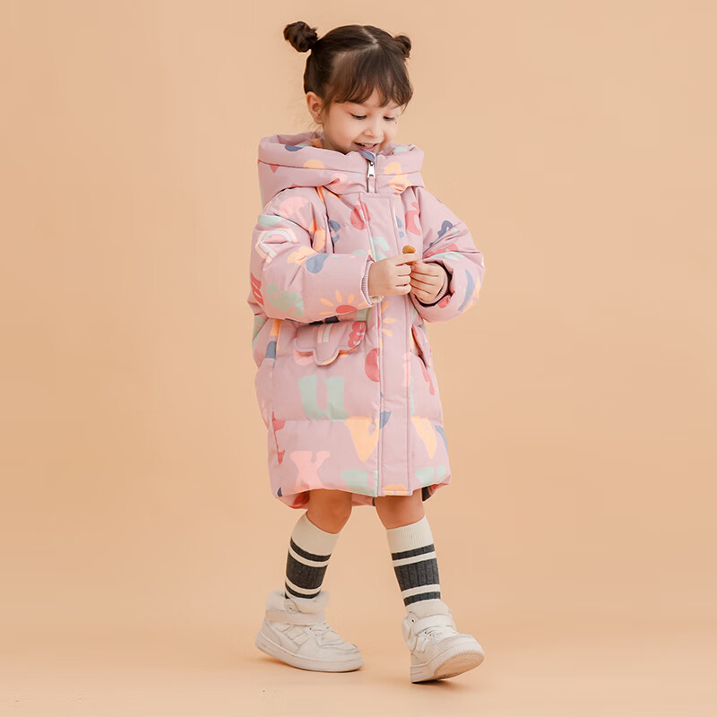 康博儿童羽绒服女童小童宝宝冬季中长款加厚羽绒服小童韩版保暖外套 粉色075 100