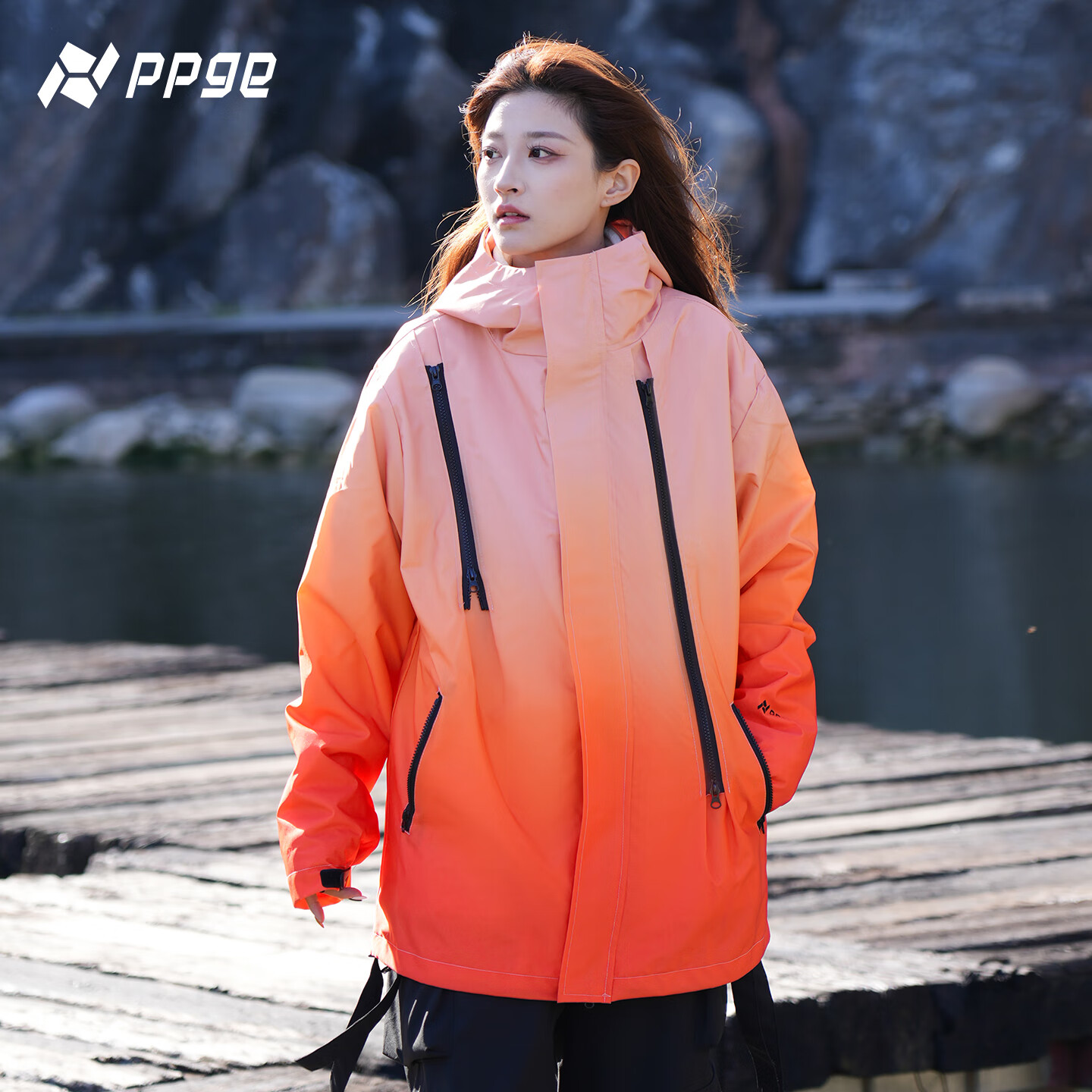 PPGE高级渐变三合一冲锋夹克防风防泼水户外登山衣服男女同款运动外套 高级渐变-日落橘三合一 M (170/88A)
