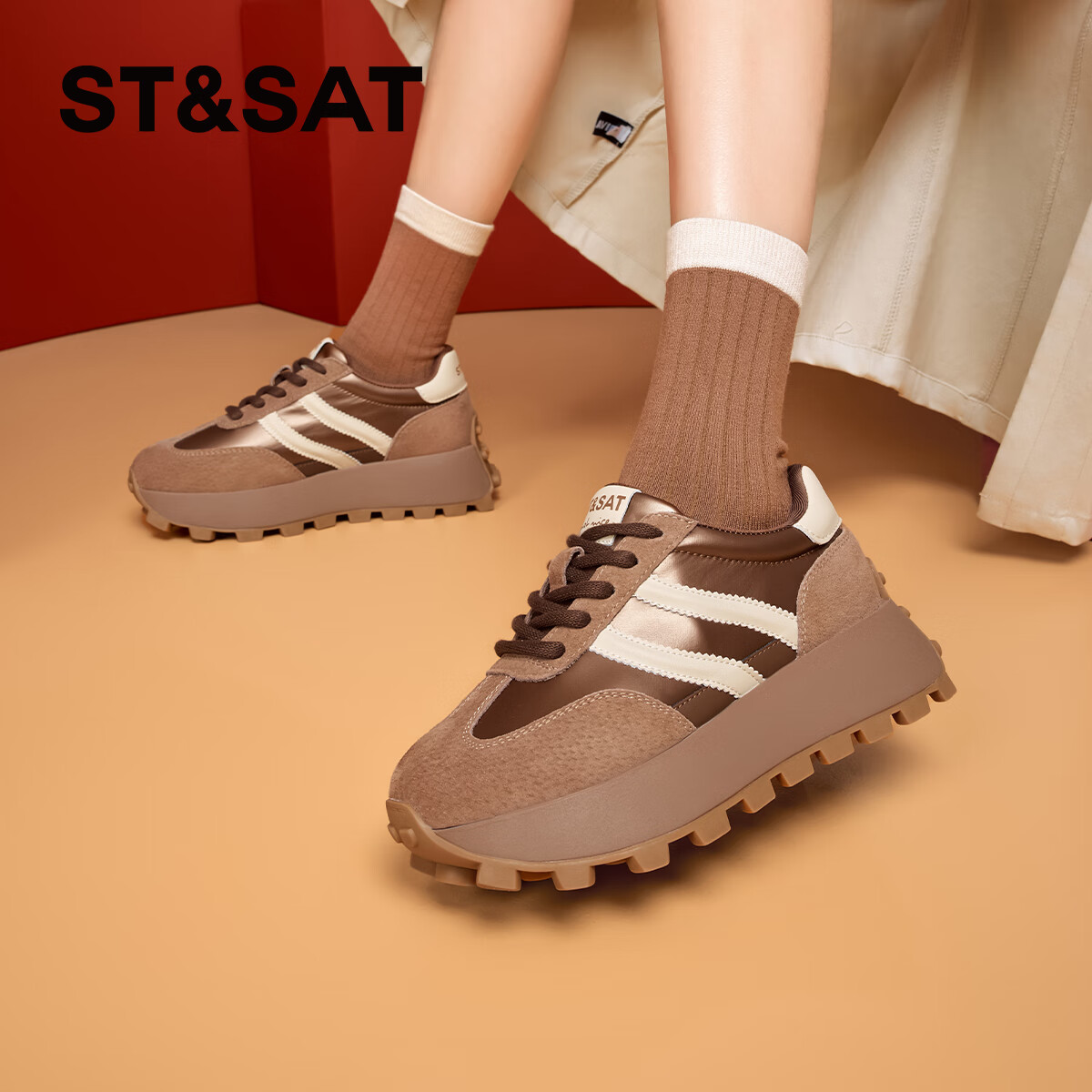 星期六酷时尚休闲鞋2025秋季新款百搭系带轻便小个子女士老爹鞋 驼色 35