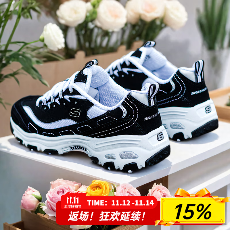 斯凯奇（Skechers）女鞋秋季2025新款经典款熊猫鞋厚底增高轻便透气休闲运动鞋老爹鞋 黑色/白色-BKW 35
