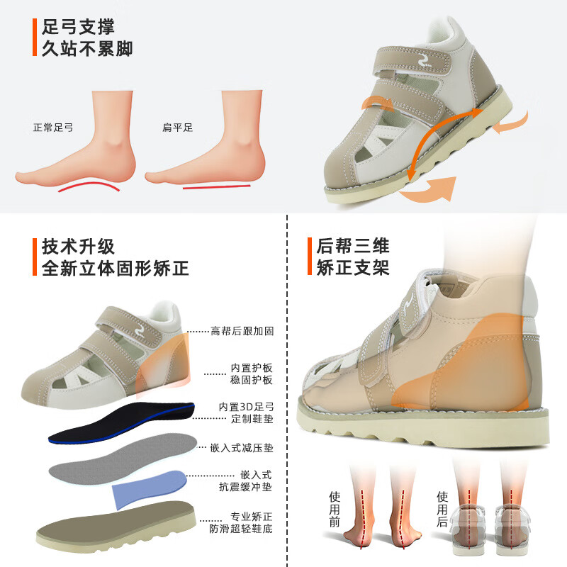 洛崽崽儿童内八脚矫正鞋夏季扁平足足外翻专用机能鞋XO型腿矫形长短腿 咖啡色 内八字专用 28 码 （合适脚长17/内长18）