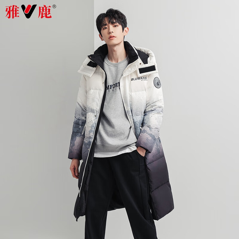 雅鹿羽绒服男女2025冬季新款迷彩加厚连帽保暖鸭绒长款时尚外套潮Q 渐变花色男款 M 170 推荐125-145斤