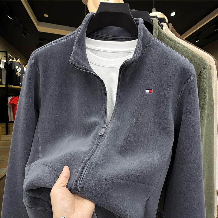 Tommy Hilfiger奥莱折扣美国tommy汤米加厚开衫卫衣男秋冬双面摇粒绒夹克外套男 碳灰【刺绣款】 XL 建议130-145斤