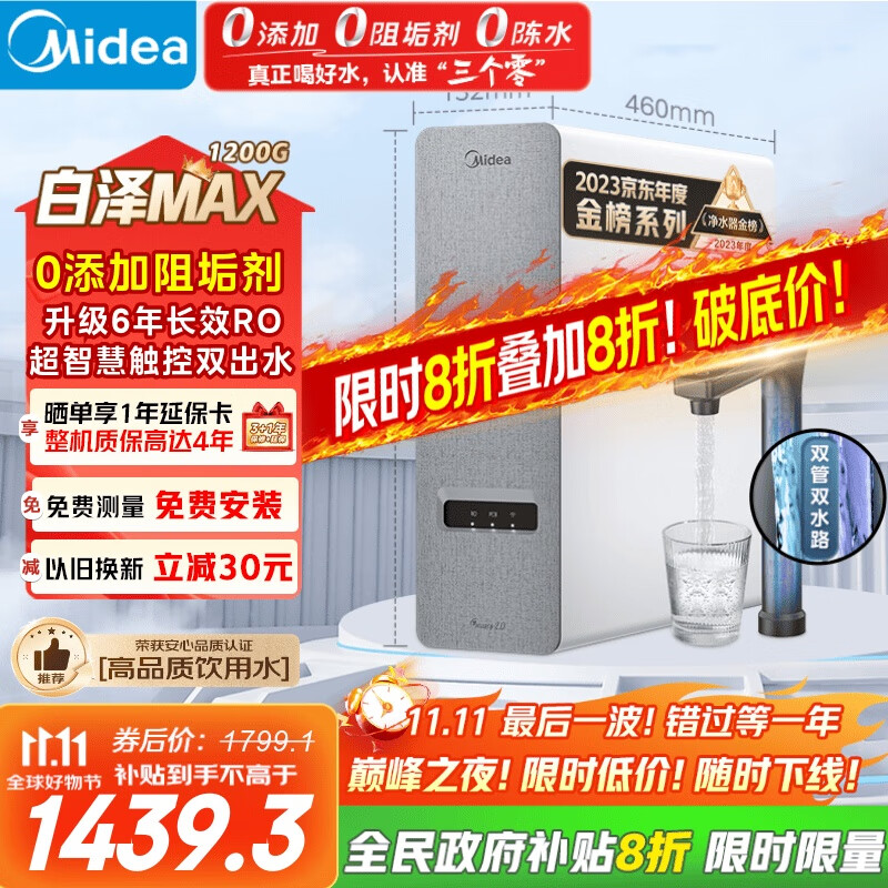 美的（Midea）【白泽Max 1200G】0阻垢剂净水器国家补贴家用 6年RO反渗透厨下式直饮过滤净水机 触控屏双出水