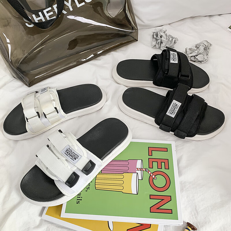 战澈 夏季魔术贴拖鞋男韩版情侣潮流时尚外穿沙滩鞋青年学生个性凉拖 白色 L(适合38-39脚)