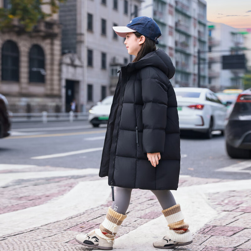 ABC KAIA女童羽绒服中长款加厚保暖外套潮冬季新款洋气中大童羽绒服小女孩 黑色 150