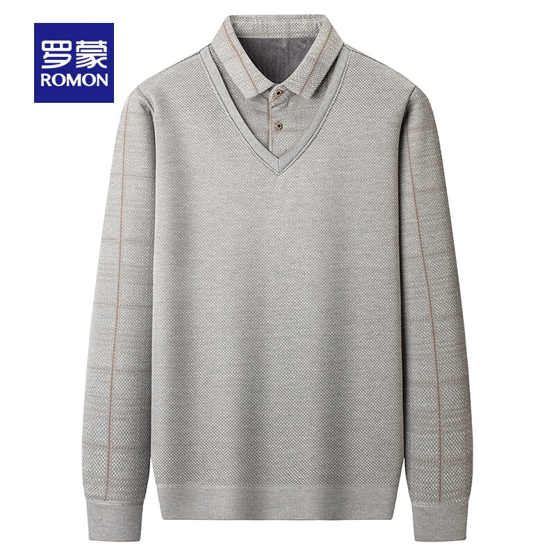 罗蒙（ROMON）加绒加厚含羊毛假两件针织衫男士冬季中青年保暖毛衣针织打底衫 7Z499181米驼 【含羊毛】 XL (175)
