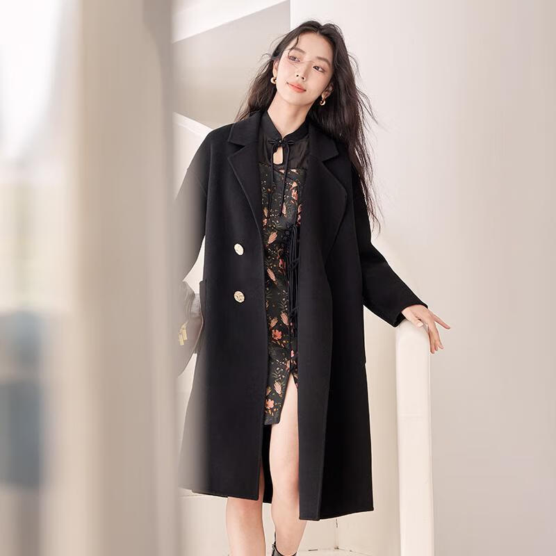 香影(xiangying)2024冬季新款雙面呢大衣女中長款氣質(zhì)簡約風感毛呢外套女 黑色 XS