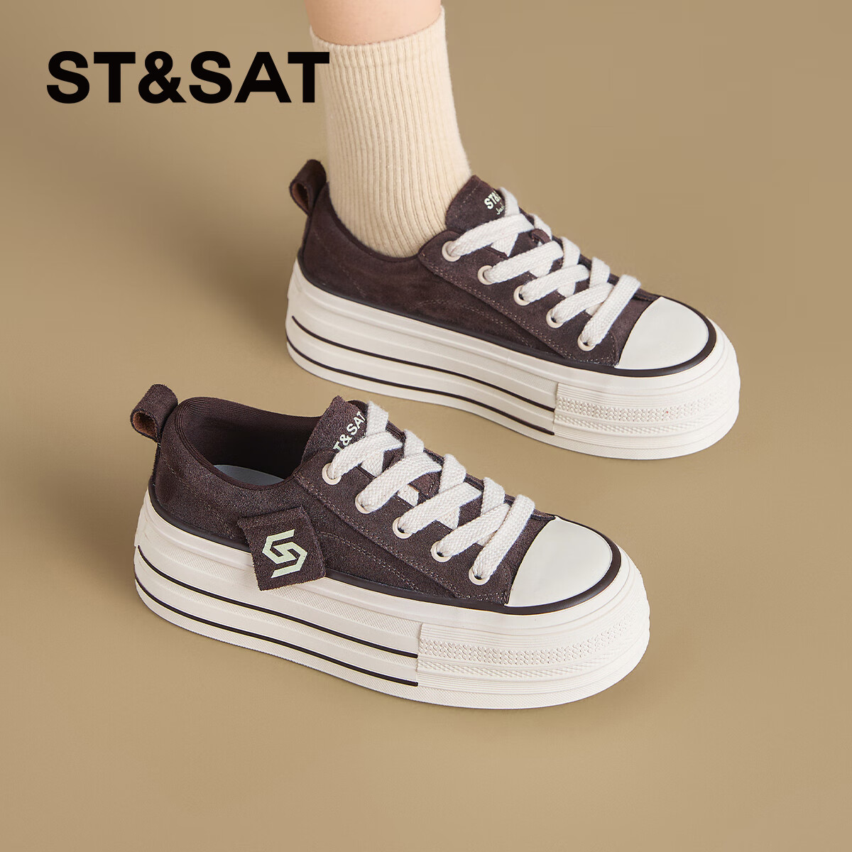 星期六女鞋厚底帆布鞋女款2025新款冬季增高板鞋复古棕色松糕鞋子 深咖色 35