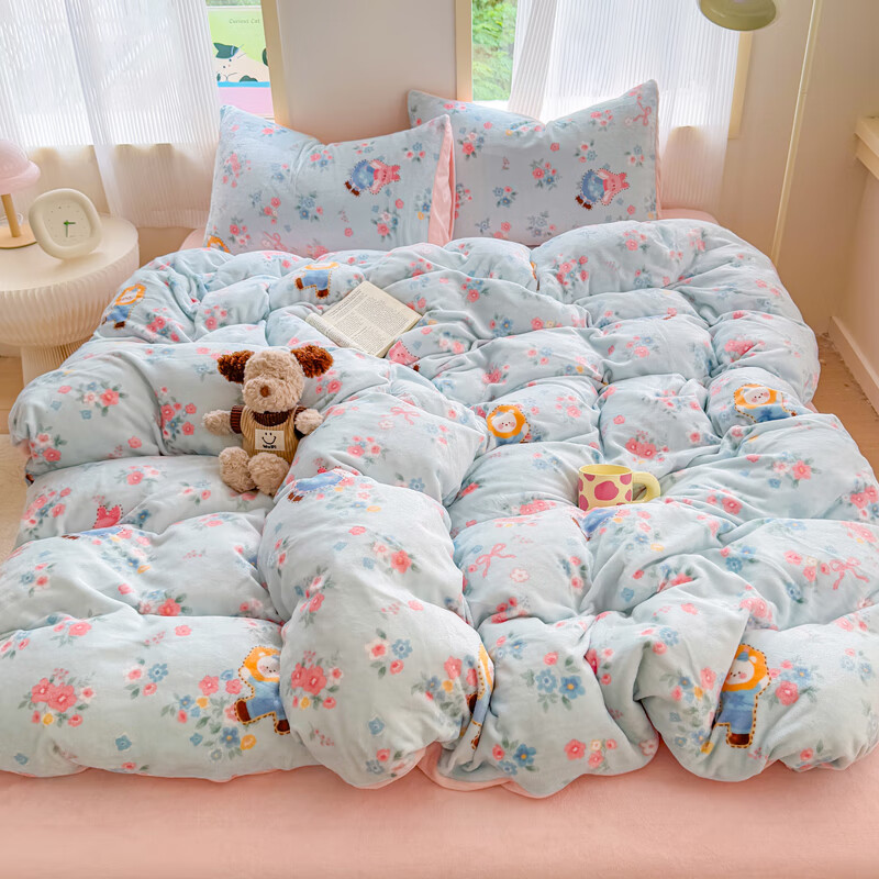 伊路卡新款牛奶绒四件套秋冬季保暖珊瑚绒床上用品儿童被套床单 一帘幽梦  1.5米或1.8米床  床笠款 专拍【留言床尺寸】