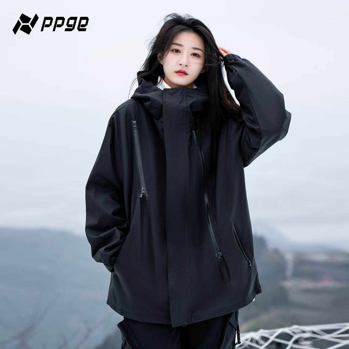 PPGE冲锋夹克防风防泼水双拉链机能外套户外登山衣服男女同款运动夹克 【双拉链】软壳-黑色 M 体重80-100斤