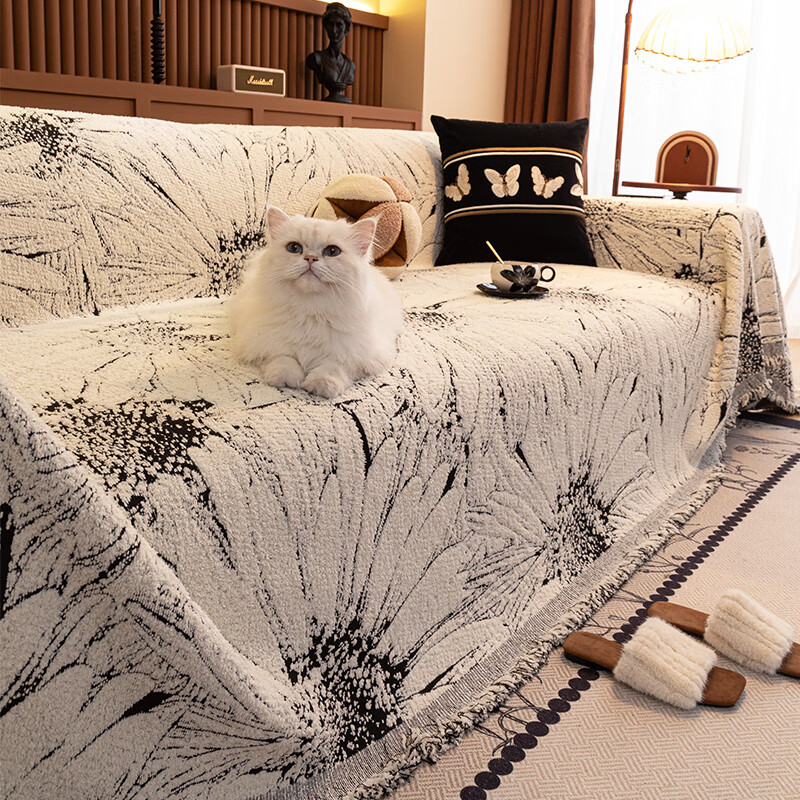 金拾美月秋冬加厚毛绒沙发盖布巾四季通用坐垫毯一整张全盖防猫抓沙发套罩 向阳花开-黑色(抗静电不掉毛) 180cm*130cm (适用于单人位/脚踏)