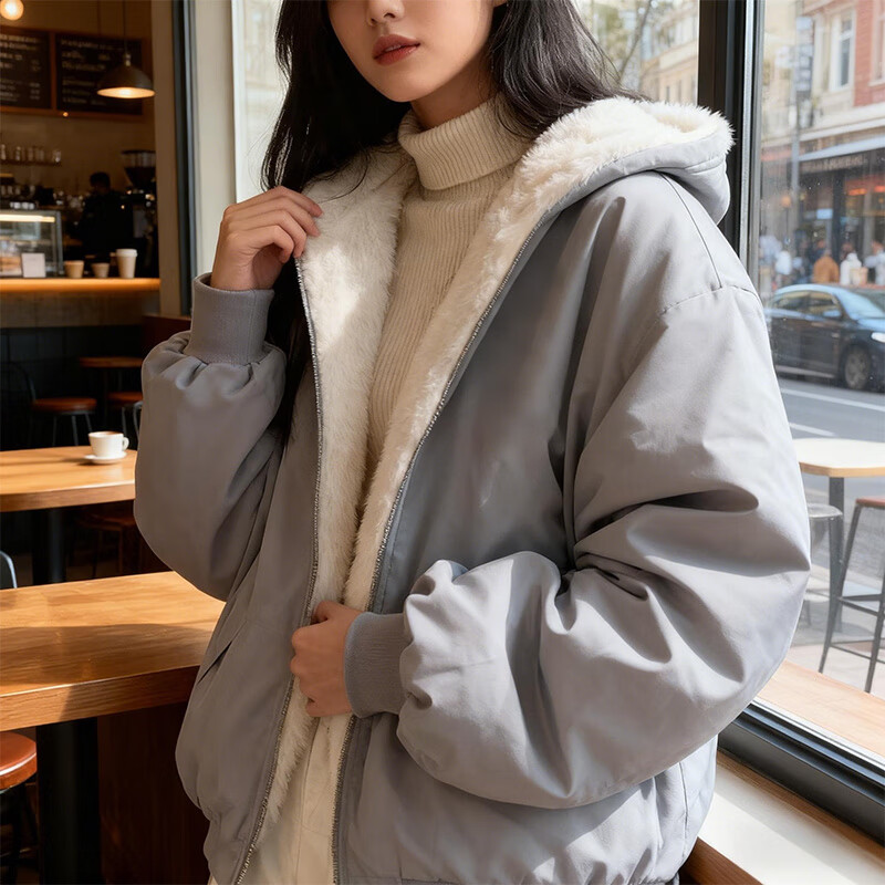 啄木鸟加绒加厚两面穿羊羔绒外套2025秋冬新款宽松连帽棉衣上衣女棉服 蓝色 （双面穿高品质） 加绒 M 110-130斤