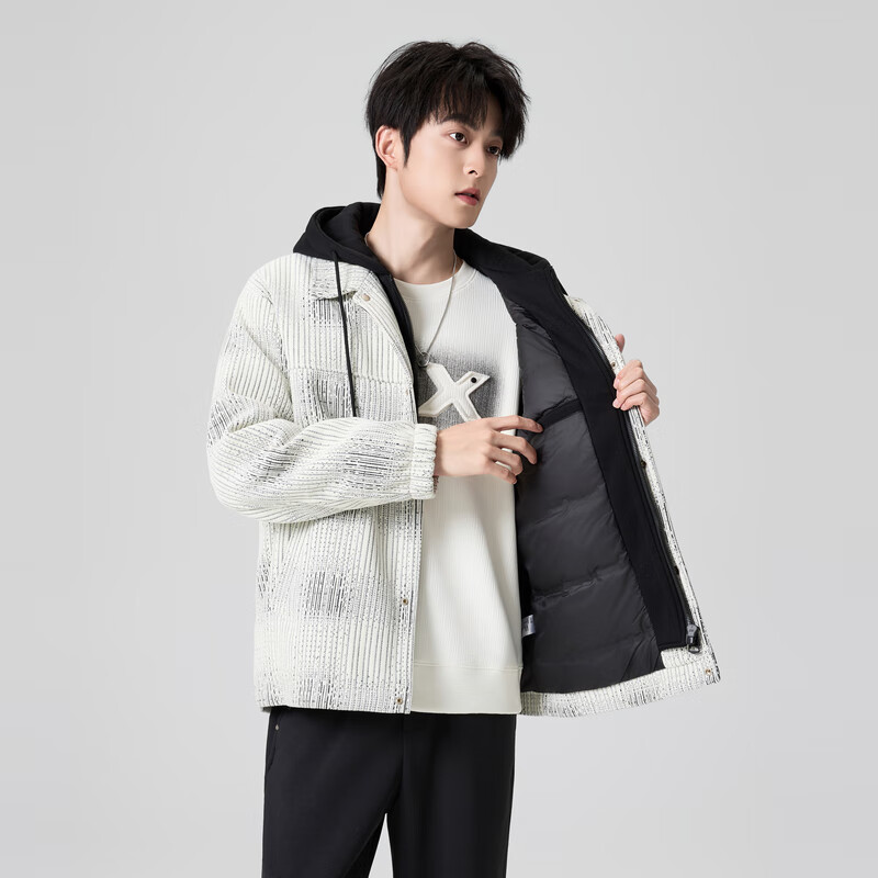 快鱼针织羽绒服男2025新款冬季撞色连帽假两件保暖厚外套休闲百搭男装 米白 2XL