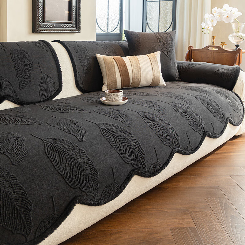 缔卓怡中古风异形沙发垫四季通用防猫抓坐垫套罩高级感皮沙发防滑盖布巾 异形千叶-黑色 70cm*70cm