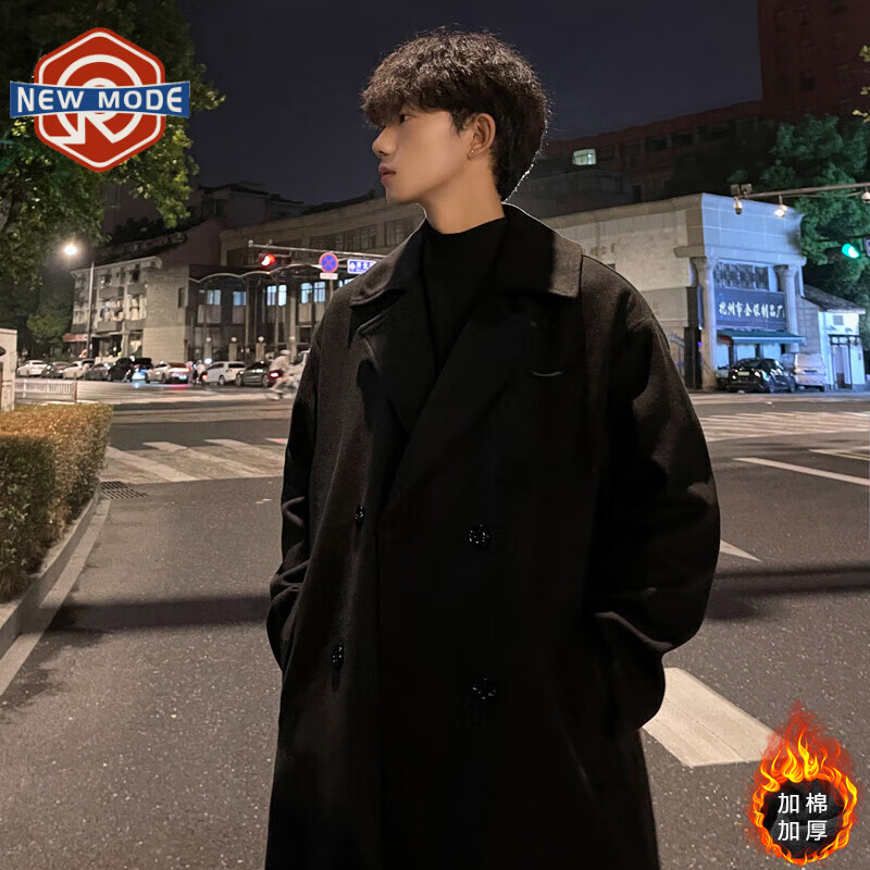 NEW OR MODE韩系英伦中长款毛呢大衣男秋冬季新款痞帅风衣外套潮牌高级感上衣 黑色 加棉款 2XL