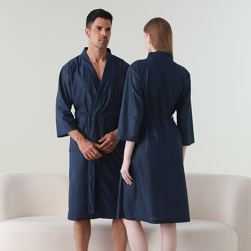 赛图蒙 情侣睡袍女春夏季凉感丝男士浴袍浴衣薄款睡衣家居服 2304藏青【男款】 M (150-160CM,80-125斤)