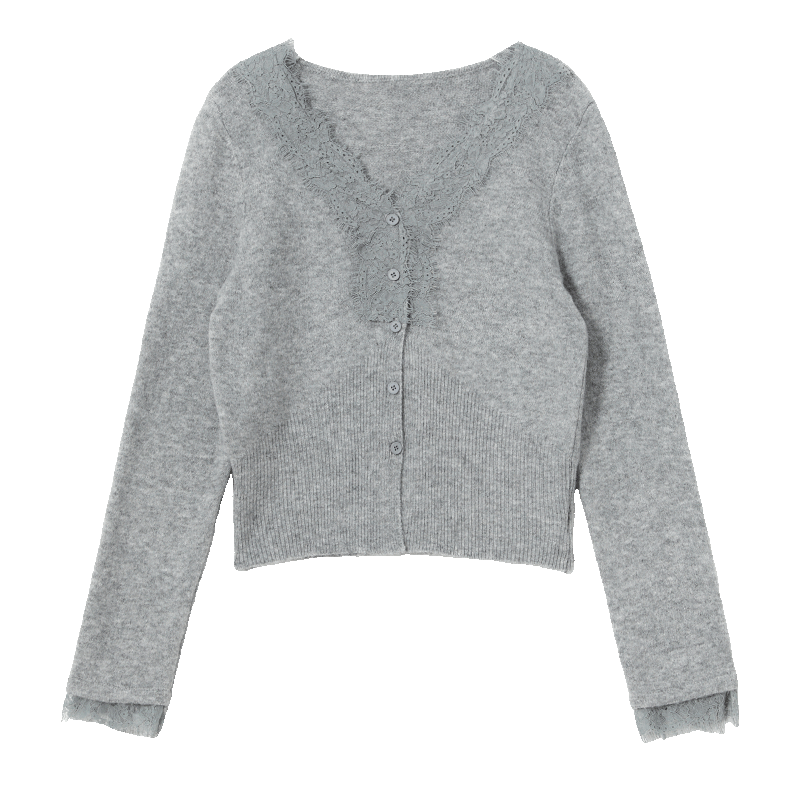 西遇(Westlink)韓系針織開衫女2025年秋季新款法式溫柔V領(lǐng)蕾絲短款毛衣外套 灰色 M (160)