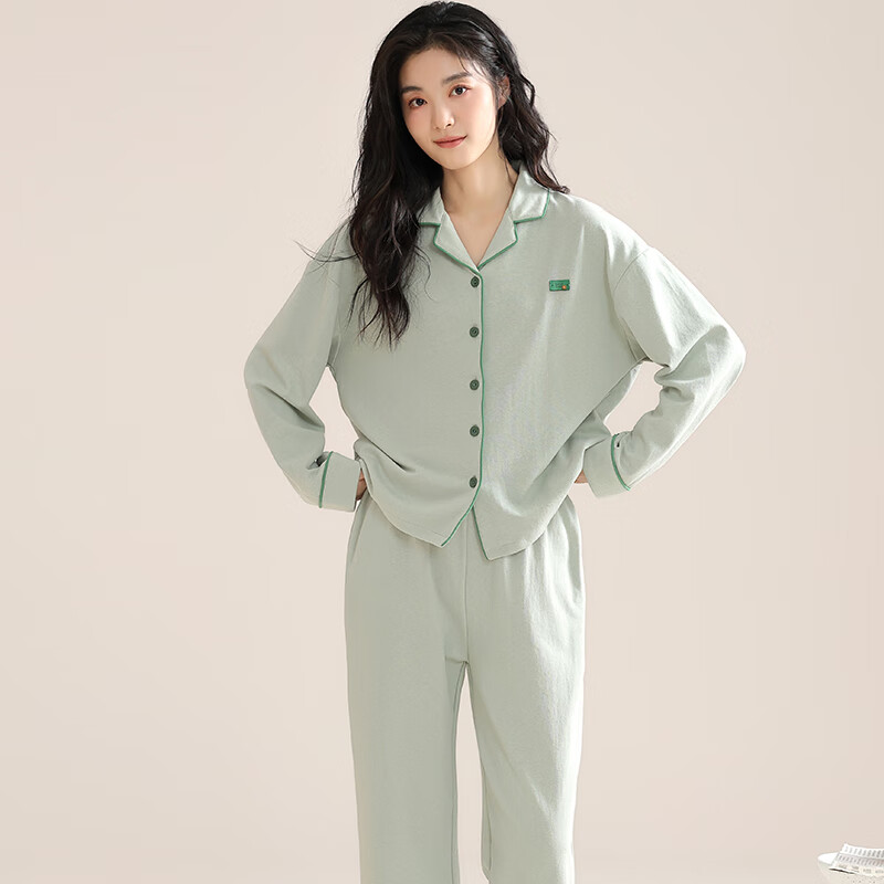 都市丽人睡衣女纯棉家居服全棉2025年新款翻领长袖舒适纯棉睡衣可外穿 秋冬季2025年新款睡衣-薄荷绿 M （推荐90-100斤）