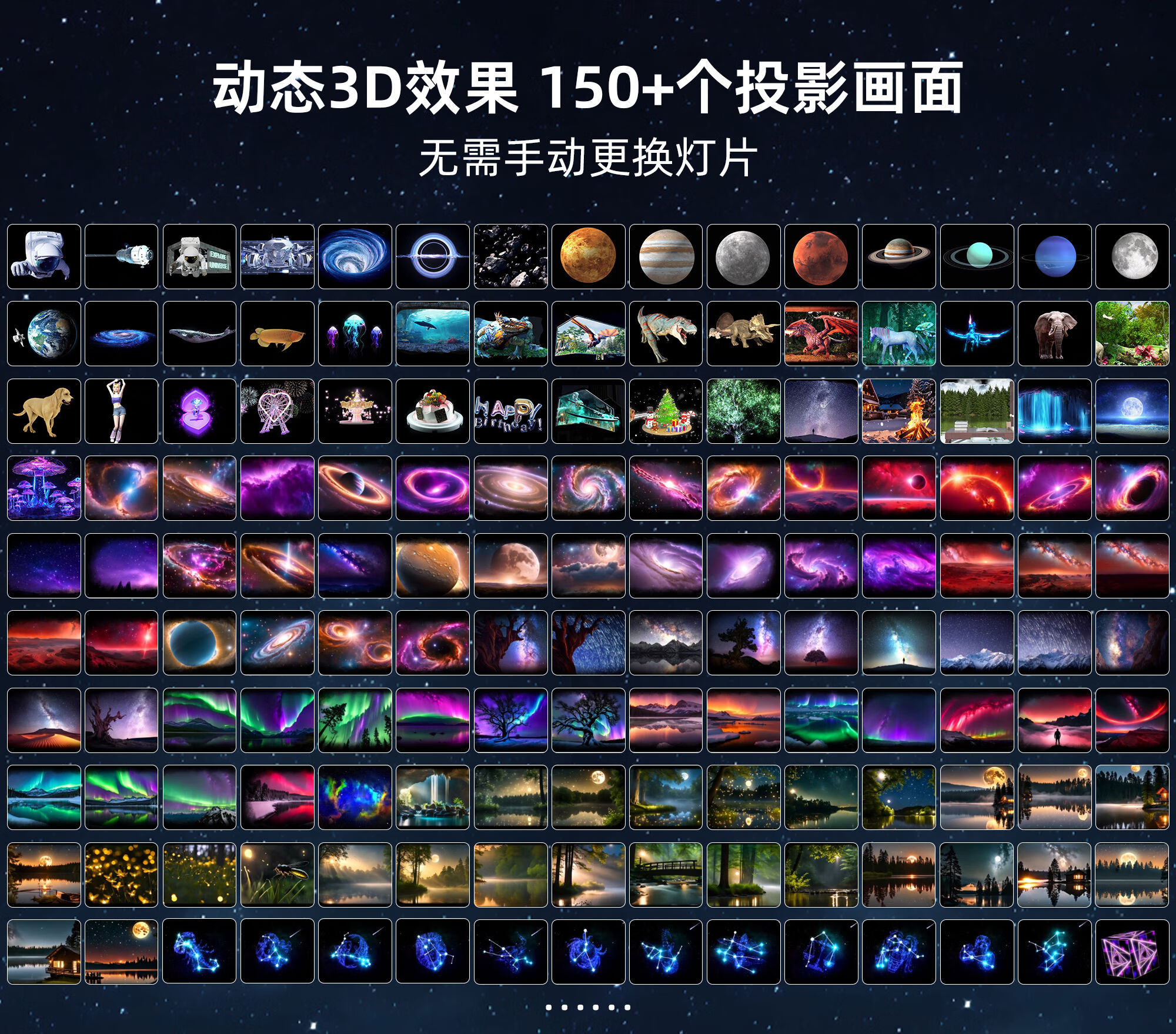 酷火星空投影燈氛圍感小夜燈3d滿天星臥室房間浪漫六一兒童節(jié)禮物2025 燈片說明150個(gè)畫面投影效果展示