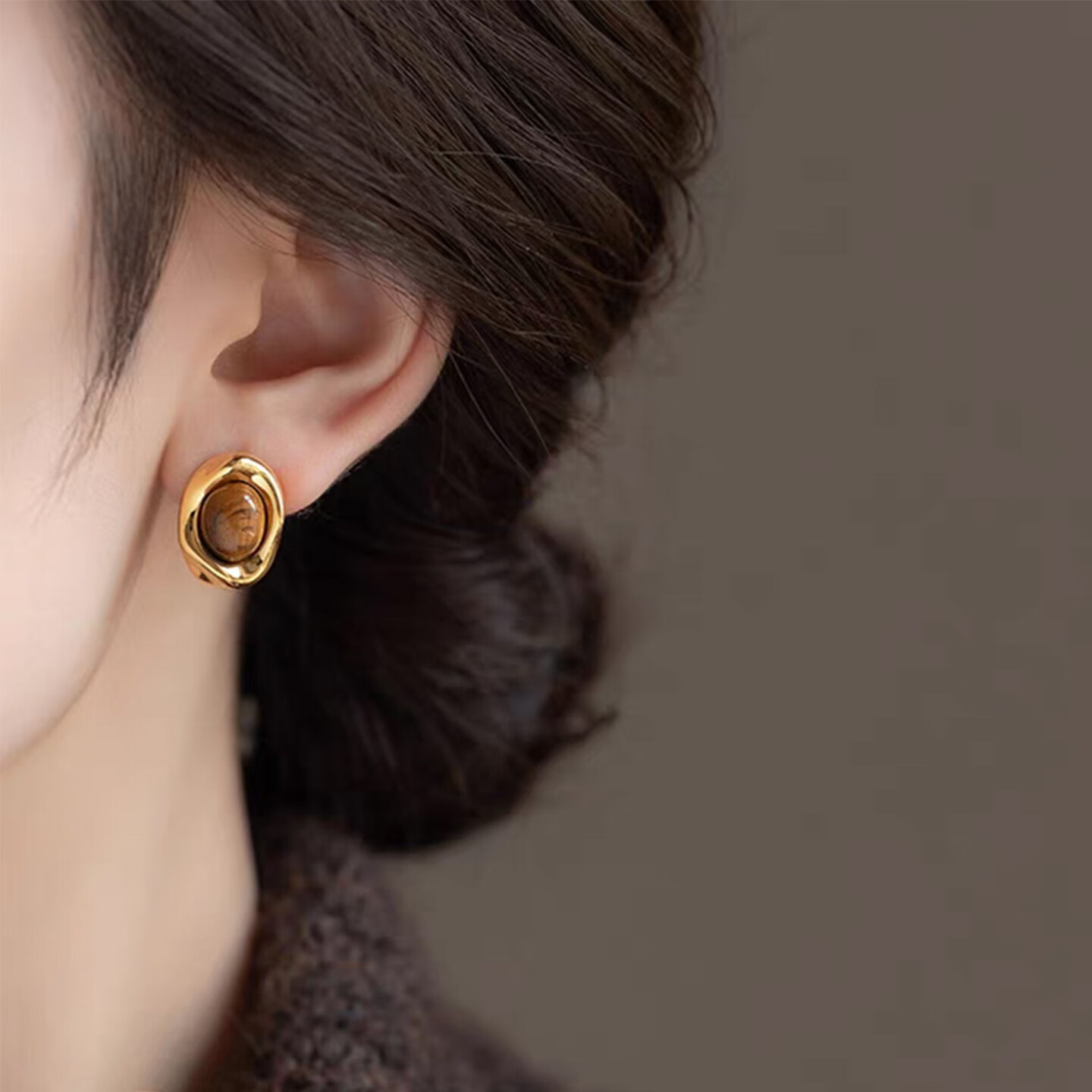 KRISTEN JUDI美拉德虎眼石耳环女银针耳钉新款几何椭圆复古轻奢耳饰品生日礼物 耳环女友老婆闺蜜生日实用礼盒 金色纪念日礼盒包装