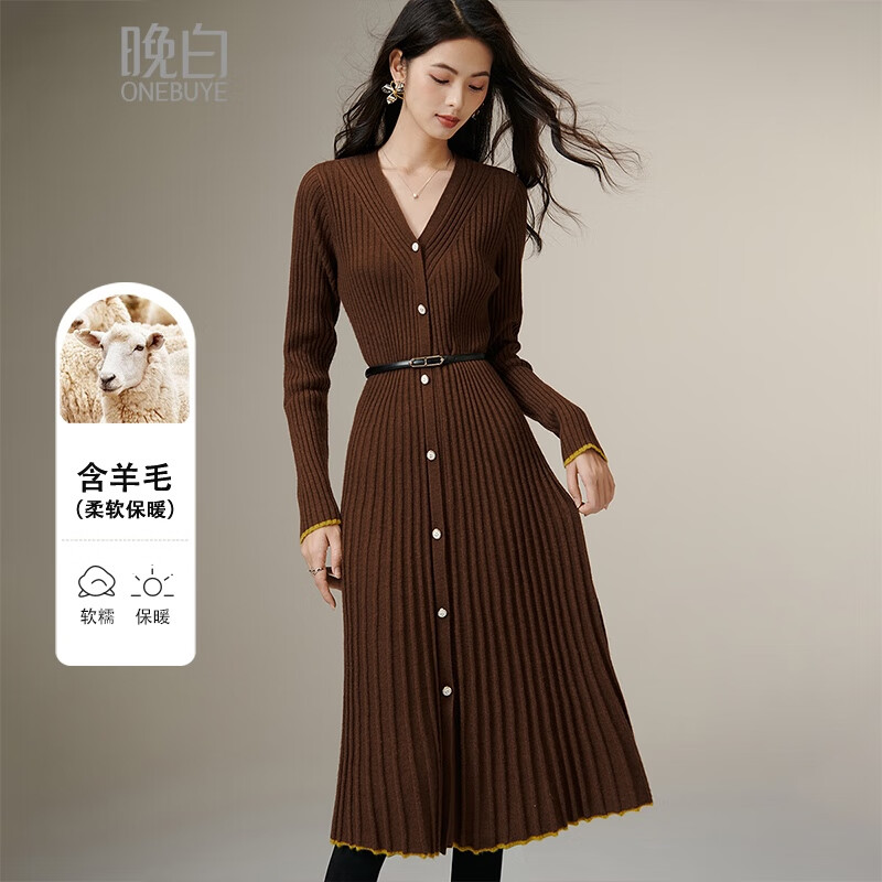 晚白【断码清仓】冬款V领修身裙子复古气质羊毛针织连衣裙女 咖色 M