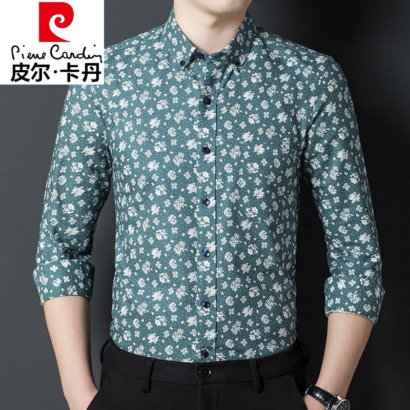 皮尔卡丹轻奢高档品牌男装中年男士花衬衫长袖纯棉春秋季休闲宽松大码