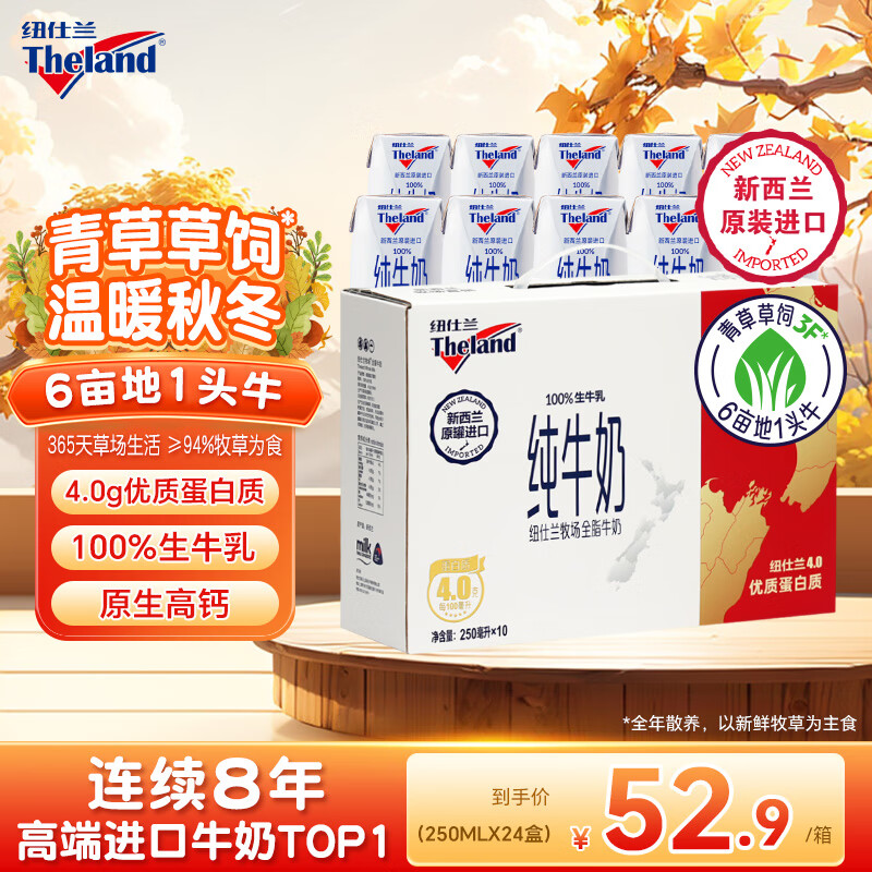 纽仕兰 草饲4.0g蛋白质全脂纯牛奶  新西兰进口牛奶礼盒  250ml*10盒