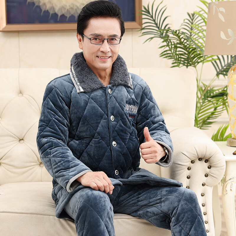 LangSha男士睡衣秋冬季珊瑚绒三层加厚夹棉中长款超厚爸爸保暖加绒家居服 1815 L