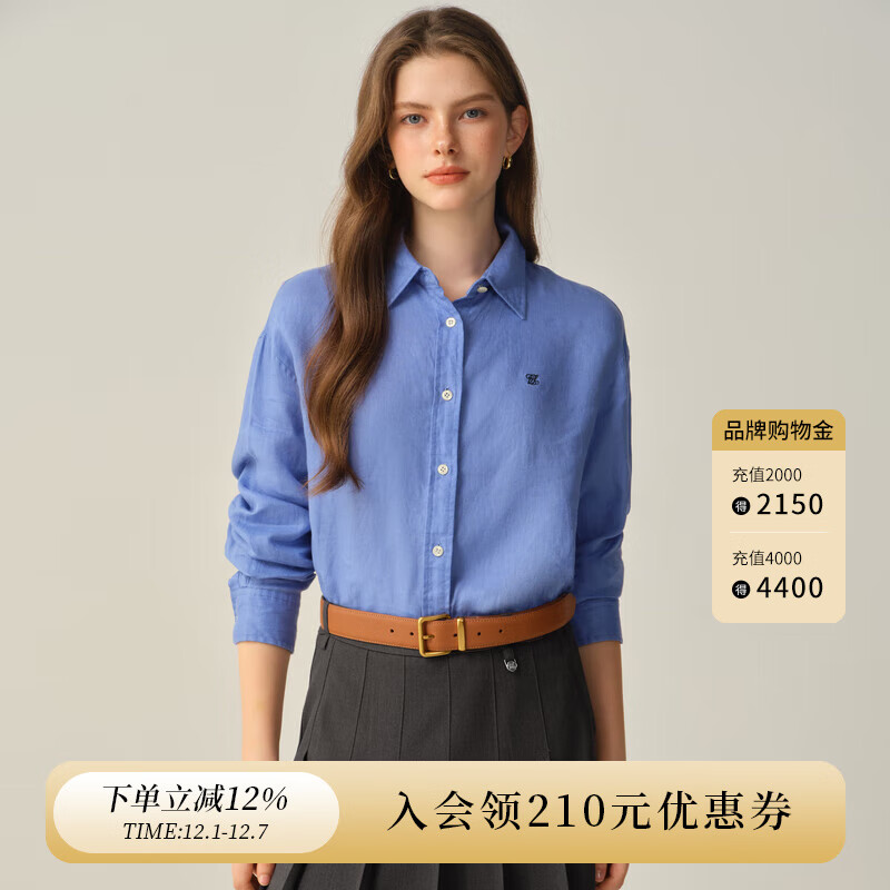 ELAND【100%棉】衣恋衬衫女单排扣宽松通勤长袖上衣2025秋季新款 蓝色(50)Blue S /160