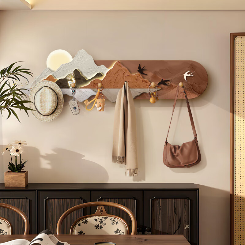 立始中古风粘钩入户进门挂衣架玄关鞋柜上面钥匙包包收纳置物架挂钩 山形绣影(70*20)