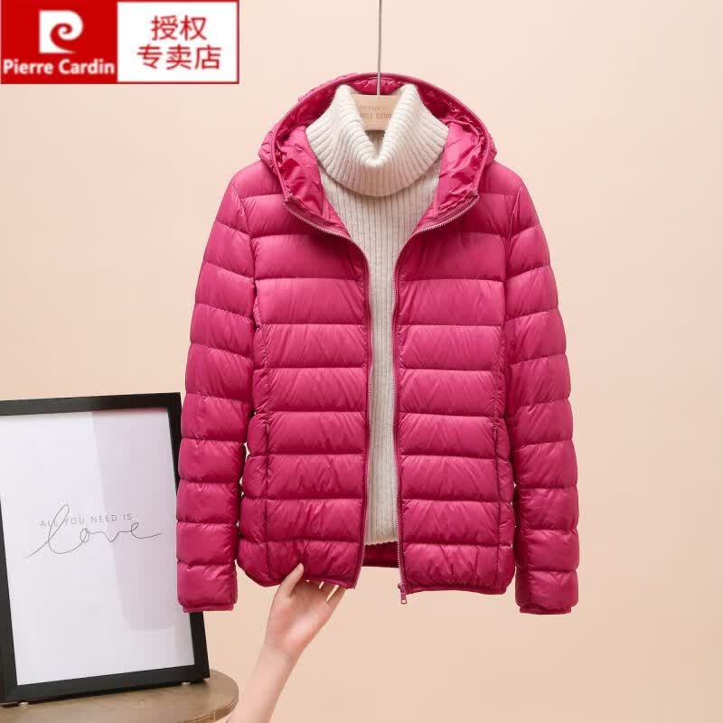 皮尔卡丹（pierre cardin）高端轻薄羽绒服女新款短款连帽保暖白鸭绒排骨秋冬季大码轻便外套 玫红（连帽） S 90斤以内