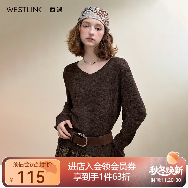西遇（Westlink）西遇慵懒风V领镂空长袖针织衫女秋季新款高级感百搭宽松毛衣 咖色 M (160)