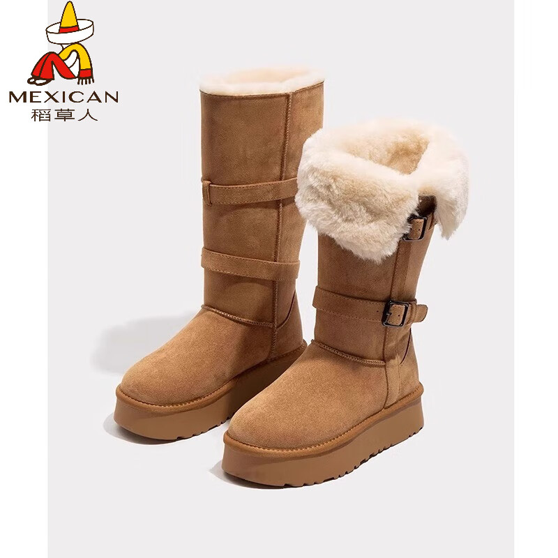 稻草人（MEXICAN）厚底雪地靴女2026新款冬季加绒加厚保暖棉鞋皮毛一体中筒面包鞋子 驼色 39