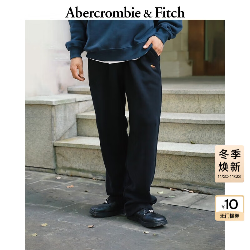 Abercrombie &amp; Fitch【时髦运动风】小麋鹿图案男装25秋冬新款直筒卫裤长裤134-5142 黑色 L (180/86A) 偏大偏长，建议小一码