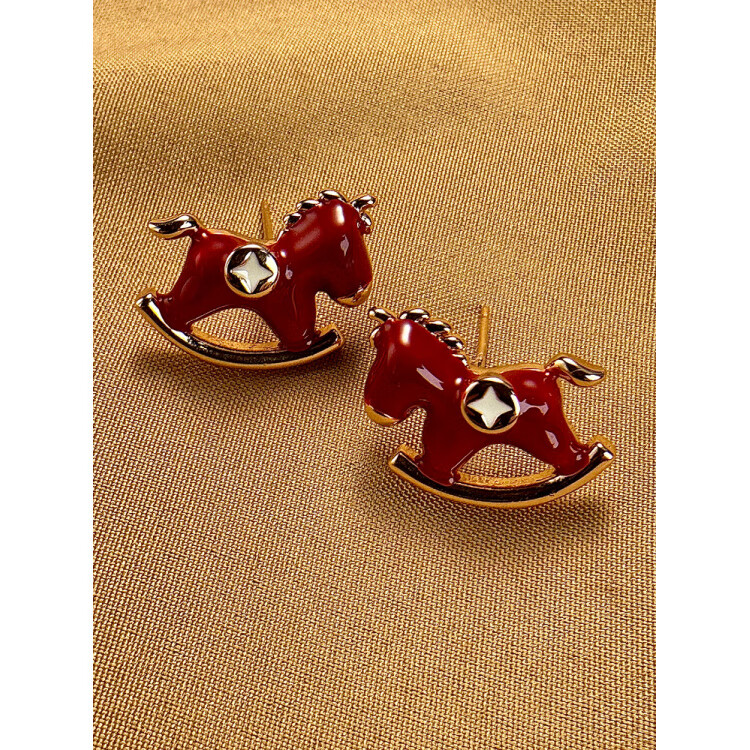 DL 1998胖东来同款品质马年耳饰马上有钱生肖本命年红色小马耳环2025新款 红色木马耳钉一对 精美礼盒装