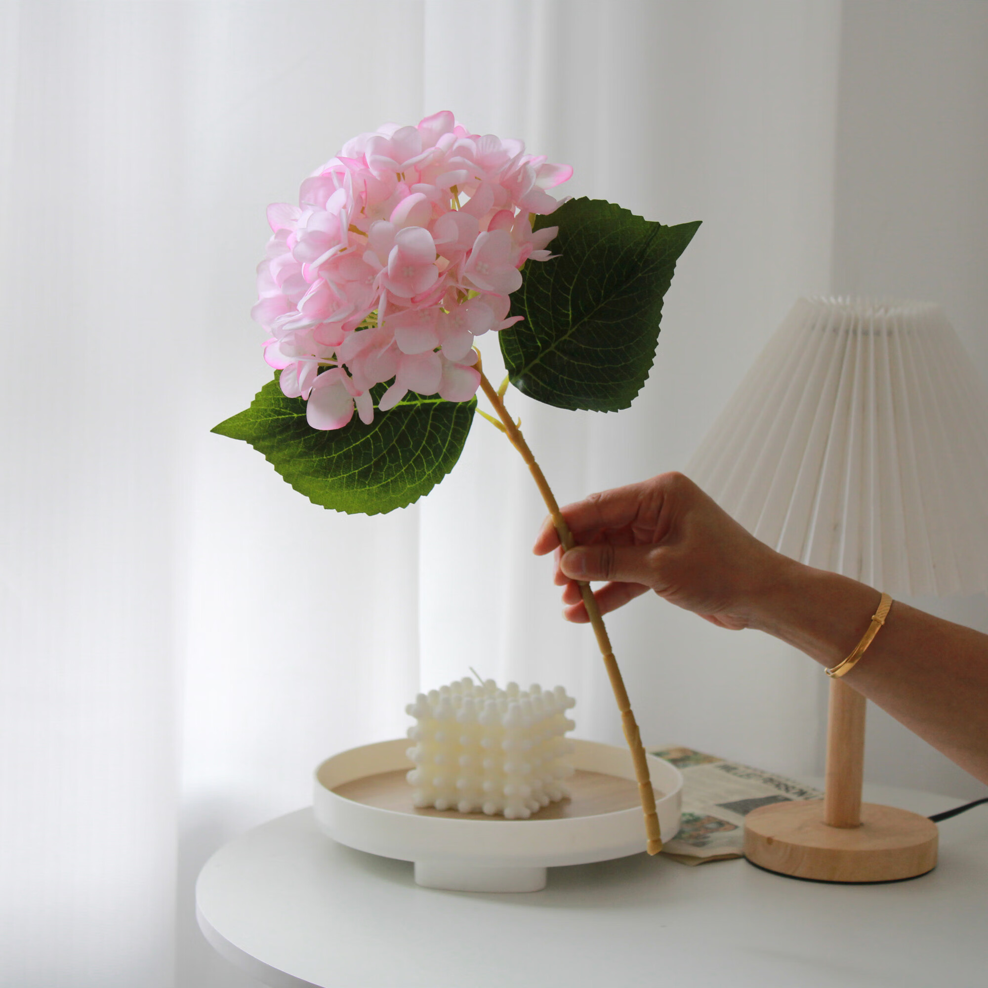 绣球客厅桌面摆件装饰插花花艺仿生干花花束假花摆设 粉色绣球一枝