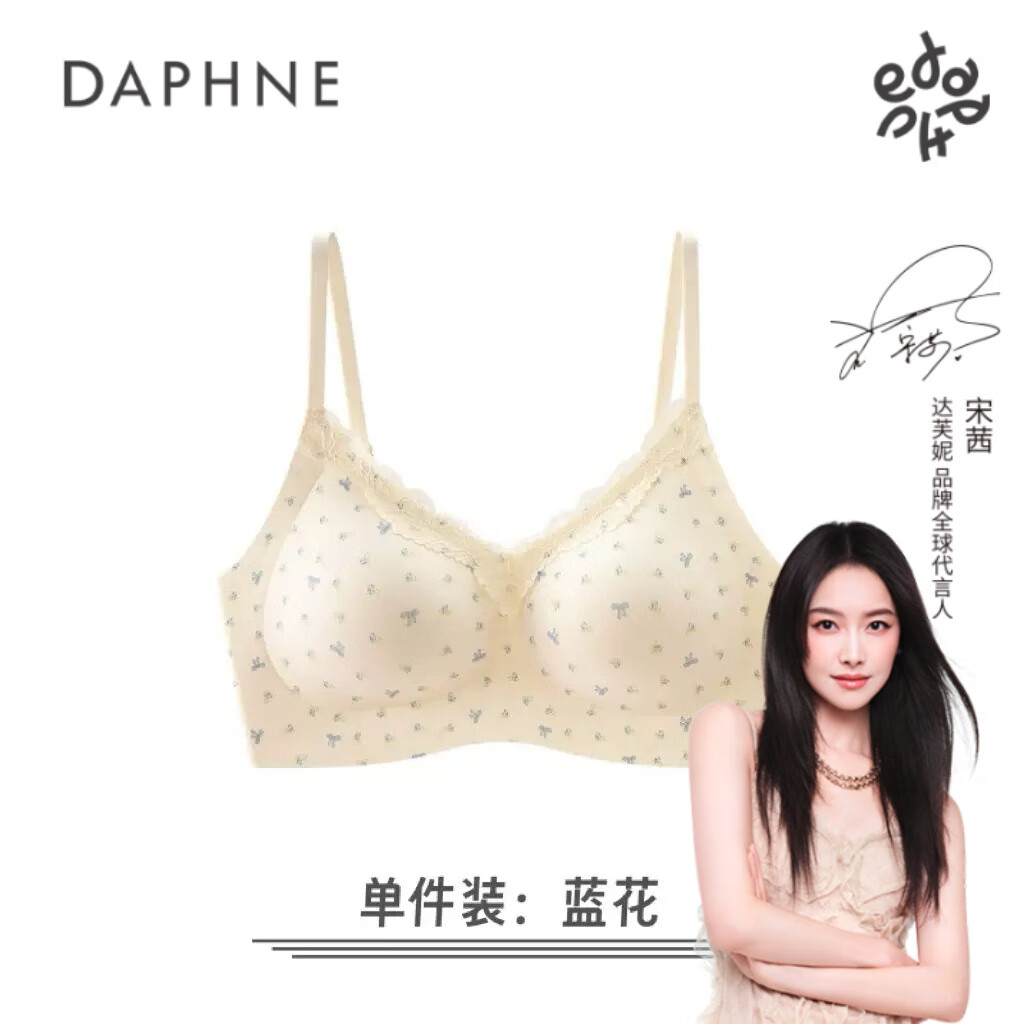 DAPHNE达芙妮法式内衣女聚拢小胸无痕无钢圈胸罩蕾丝固定杯一体式美背少女文胸 蓝花 2XL40/90ABC
