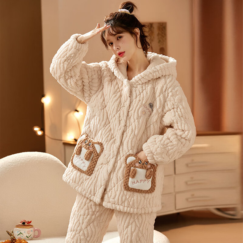 chunnian女士睡衣女冬季保暖珊瑚绒加厚加绒三层夹棉法兰绒带帽家居服套装 XEQN-2381【外套+裤子】 2XL