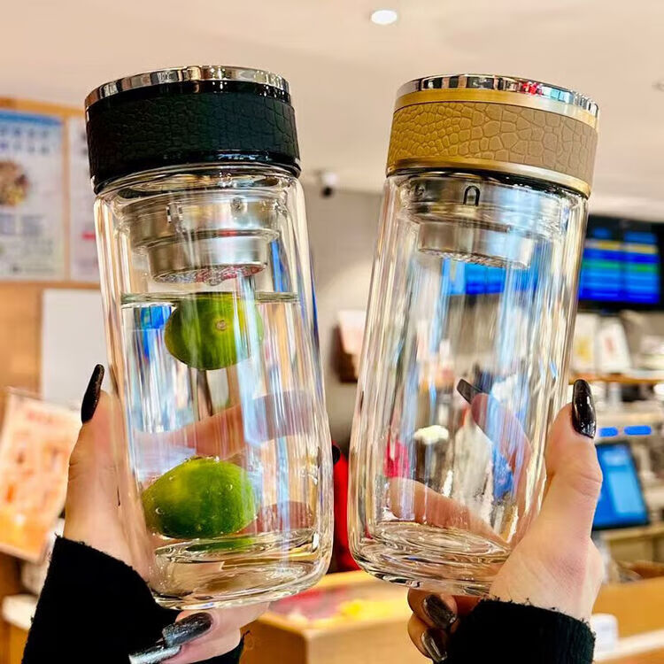 鹅蛋杯玻璃杯双层茶水分离大容量双层水杯茶杯 红色皮纹鹅蛋杯1只装