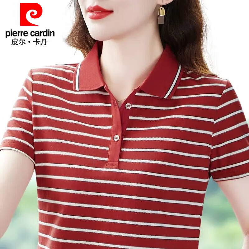 皮尔卡丹（pierre cardin）纯棉Polo夏季2026新款条纹翻领短袖大码休闲运动带领T恤女士上衣 宝蓝【纯棉Polo】 4XL 【建议145-160斤】