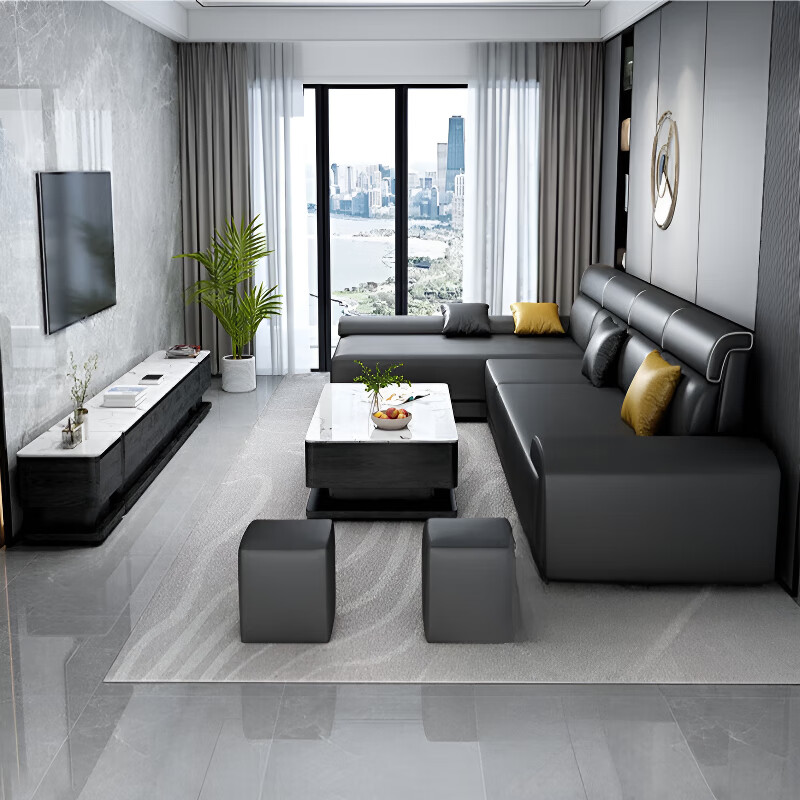 御巢盛2025新款沙发客厅免洗科技布乳胶简约现代轻奢整装棉麻布沙发组合 棉麻深灰色海绵版 双人+单+贵妃位 3.3m