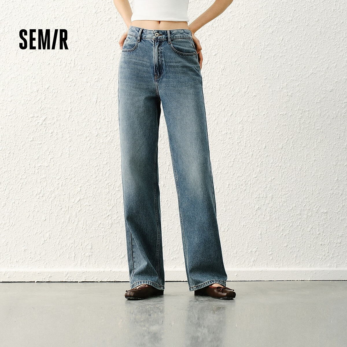 森马（Semir）森柔|森马牛仔裤女春季含莱赛尔做旧长裤舒适基础复古百搭阔腿裤 牛仔深蓝88301 XL 170/74A