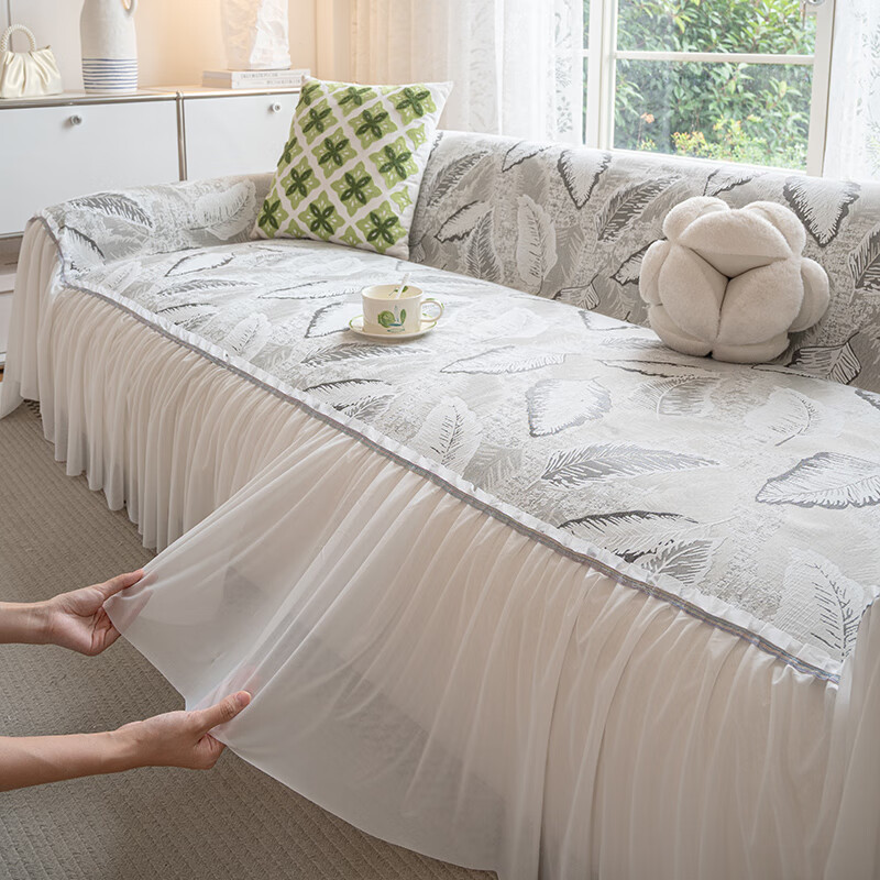 金拾美月2025新款雪尼尔沙发盖巾四季通用轻奢高级感防滑坐垫套防猫抓套 叶栖-灰色 180cm*130cm (适用于单人位/脚踏)