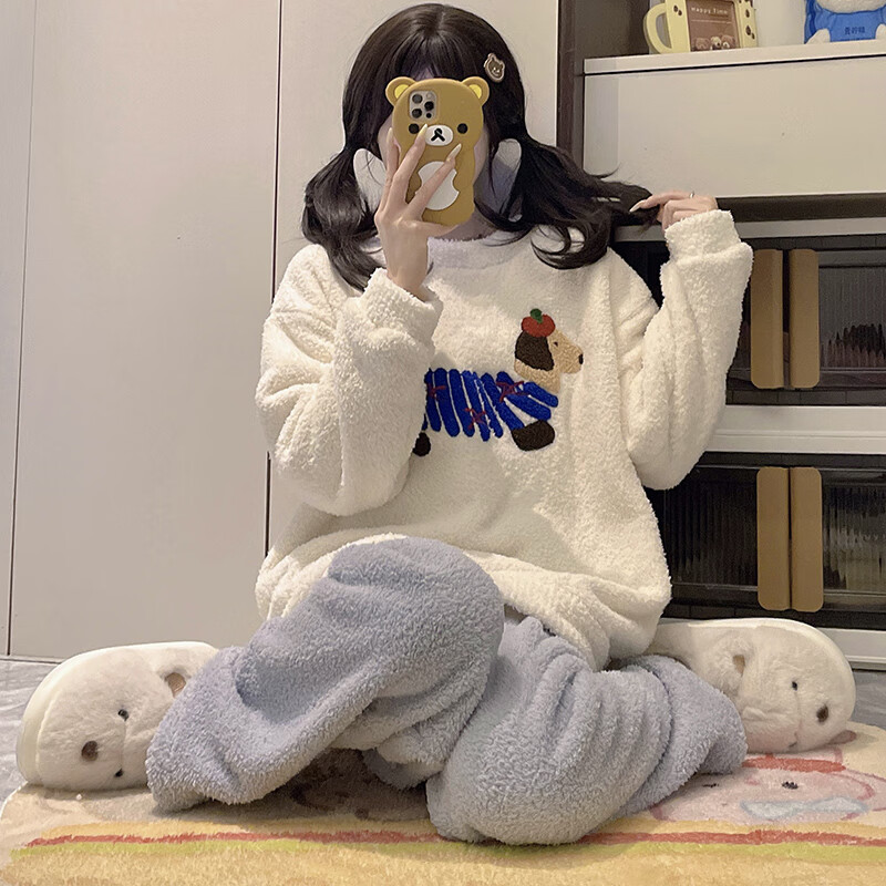 都市丽人睡衣女士秋冬季2025新款加绒加厚家居服可爱半边绒睡衣套装可外穿 线条小狗 2XL （建议140-160斤）