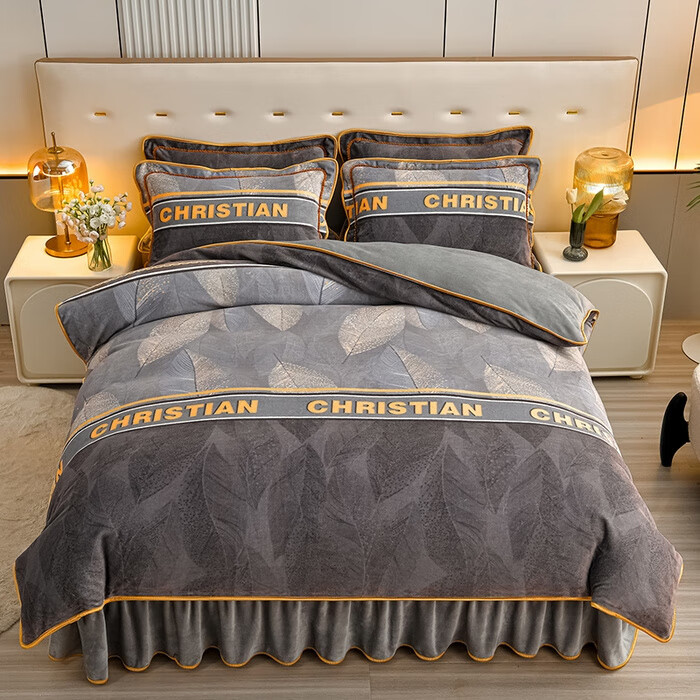 加厚牛奶绒四件套珊瑚绒法兰绒床裙款加绒被套被罩床上用品三件套 玫瑰花语-咖 床裙款 1.5m床四件套-被套200*230